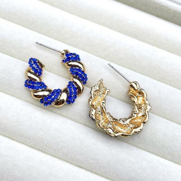 Yellow Gold with Blue Sapphire Crystal Twisted Rope Hoop Post Back Earrings - Picture 2 of 6